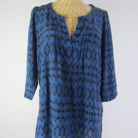Plenty by Tracy Reese Women M Blue Black 100% Silk 3/4 Sleeve Shirt Top Tunic - Picture 1 of 8